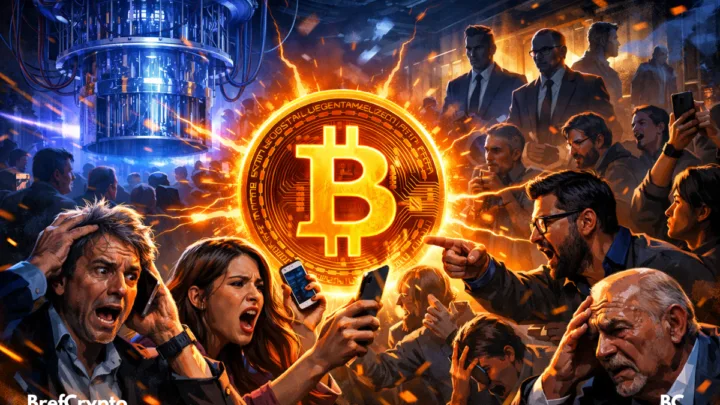 Foule paniquée autour Bitcoin face menace ordinateur quantique futuriste intense