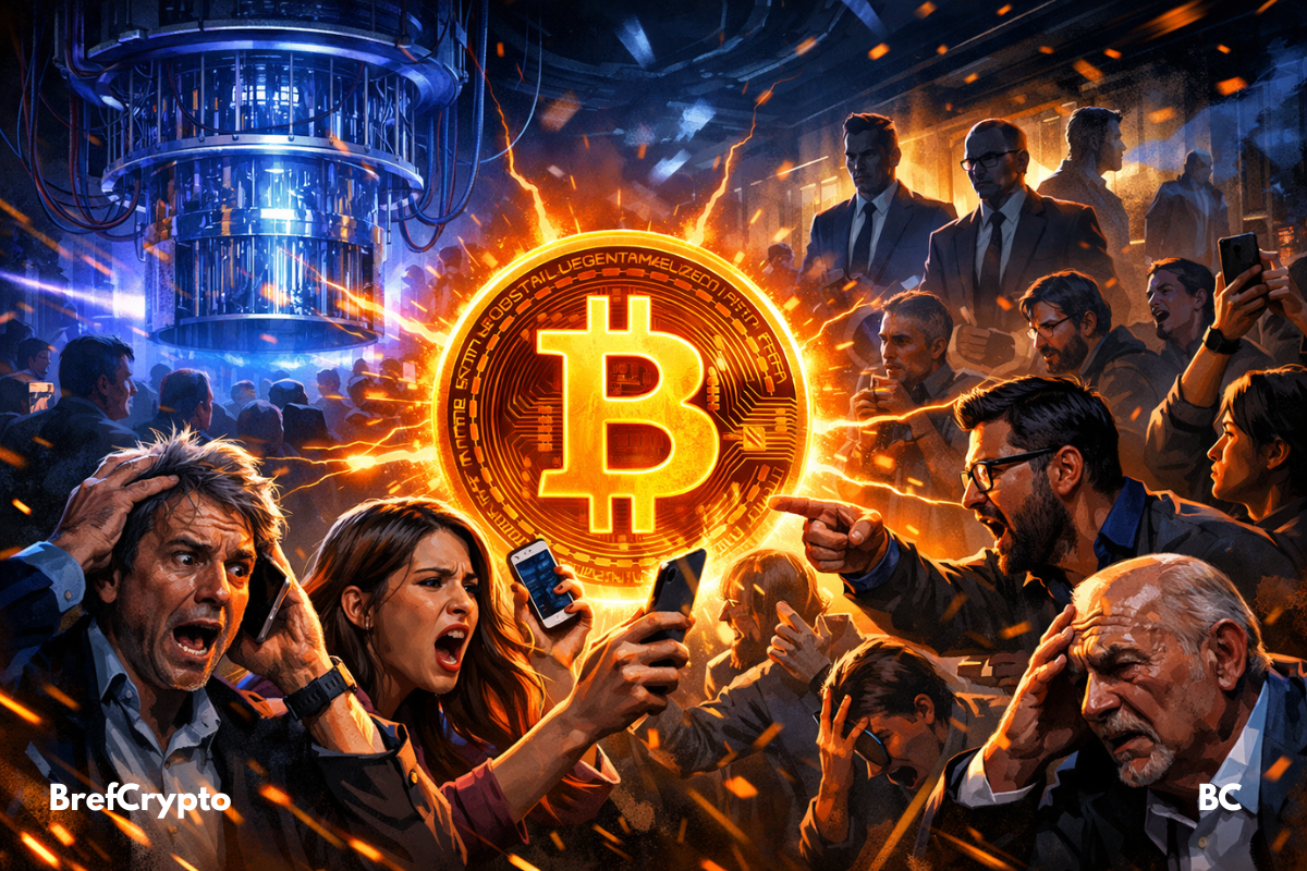 Foule paniquée autour Bitcoin face menace ordinateur quantique futuriste intense
