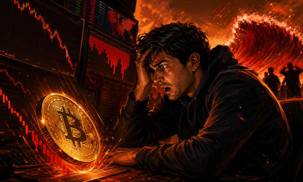 Illustration dramatique d un trader face a la chute du Bitcoin avec des ecrans rouges et une pression vendeuse croissante