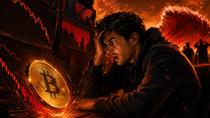 Illustration dramatique d un trader face a la chute du Bitcoin avec des ecrans rouges et une pression vendeuse croissante
