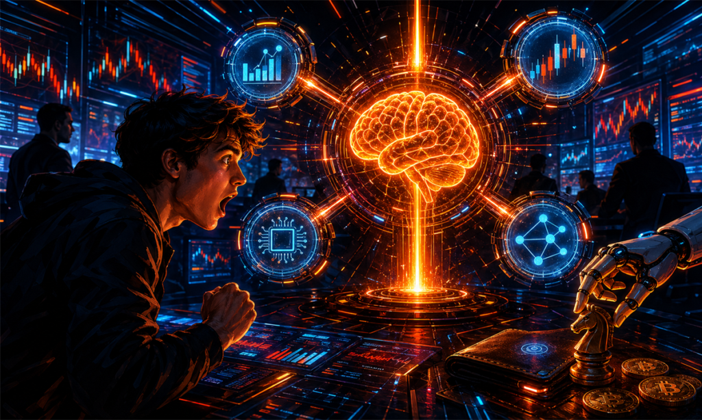 Illustration dramatique de l infrastructure de trading IA de Bitget avec un trader, un noyau d intelligence artificielle et des donnees crypto