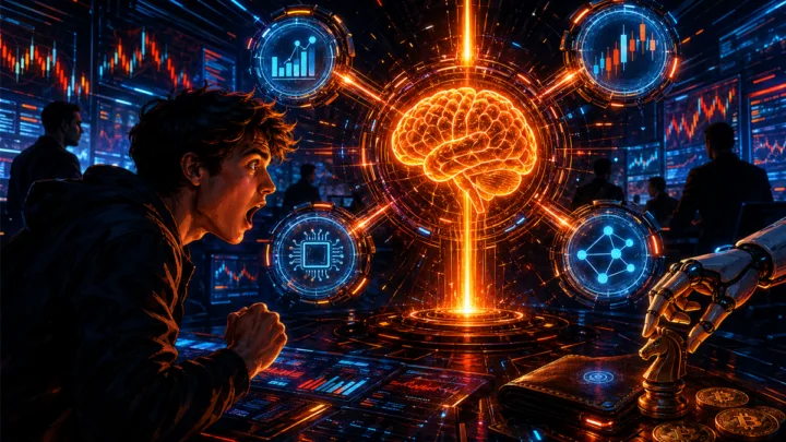 Illustration dramatique de l infrastructure de trading IA de Bitget avec un trader, un noyau d intelligence artificielle et des donnees crypto
