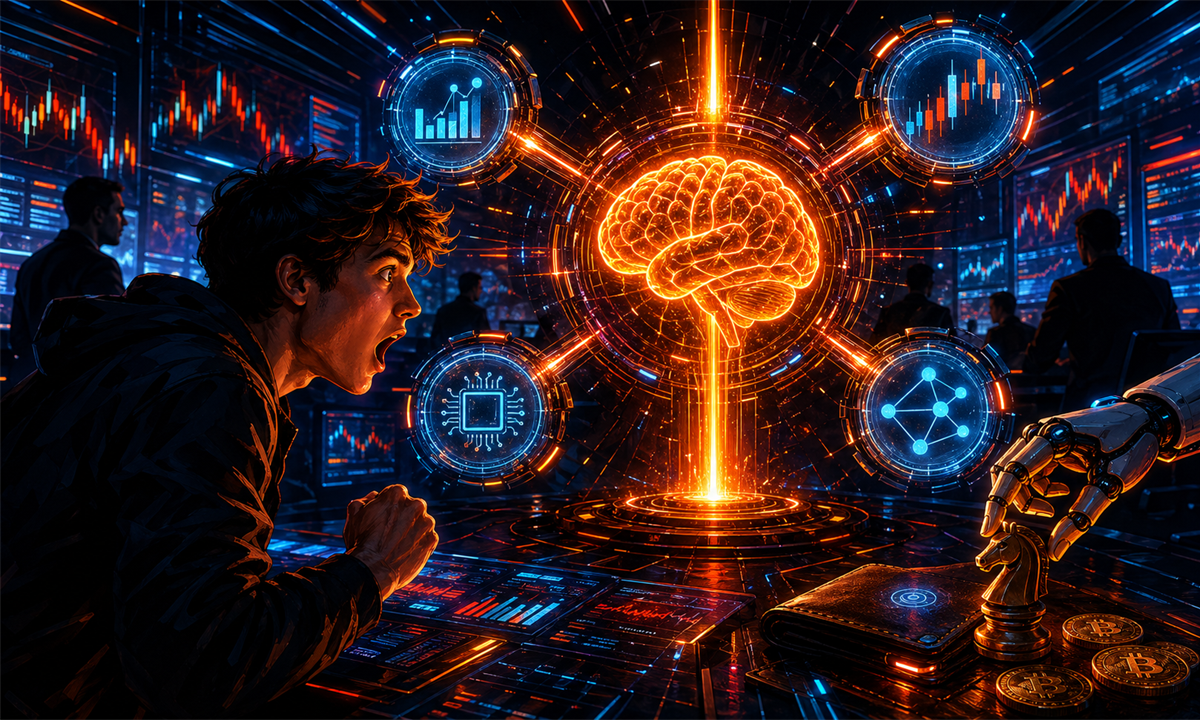 Illustration dramatique de l infrastructure de trading IA de Bitget avec un trader, un noyau d intelligence artificielle et des donnees crypto