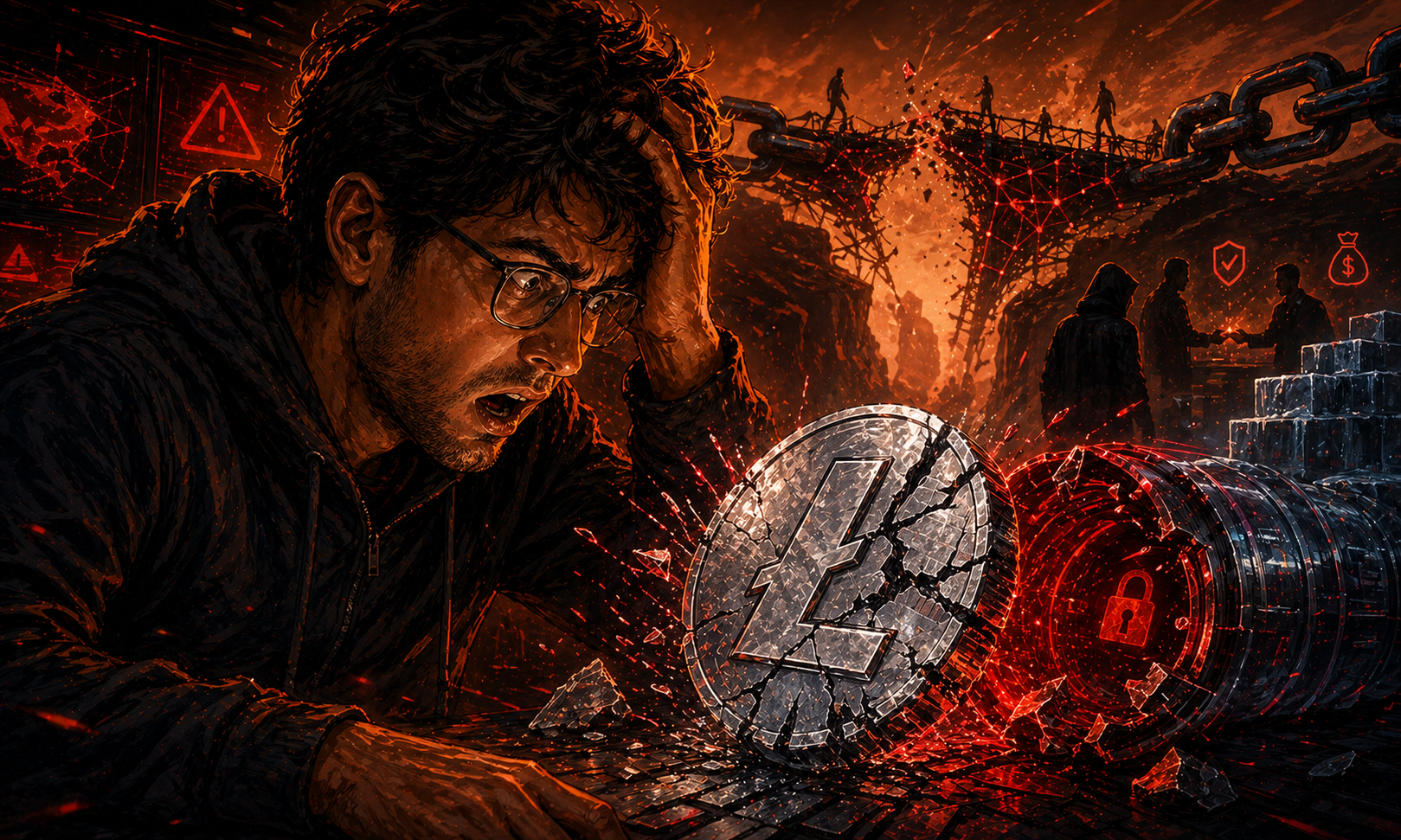 Illustration dramatique d un scandale de blanchiment crypto avec une pièce brisée, un réseau fissuré et une ambiance judiciaire tendue