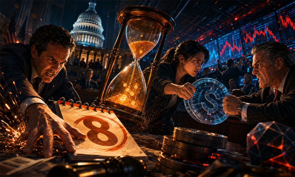 Illustration dramatique de la loi CLARITY, du Congres americain et des stablecoins avant l echeance d aout 2026