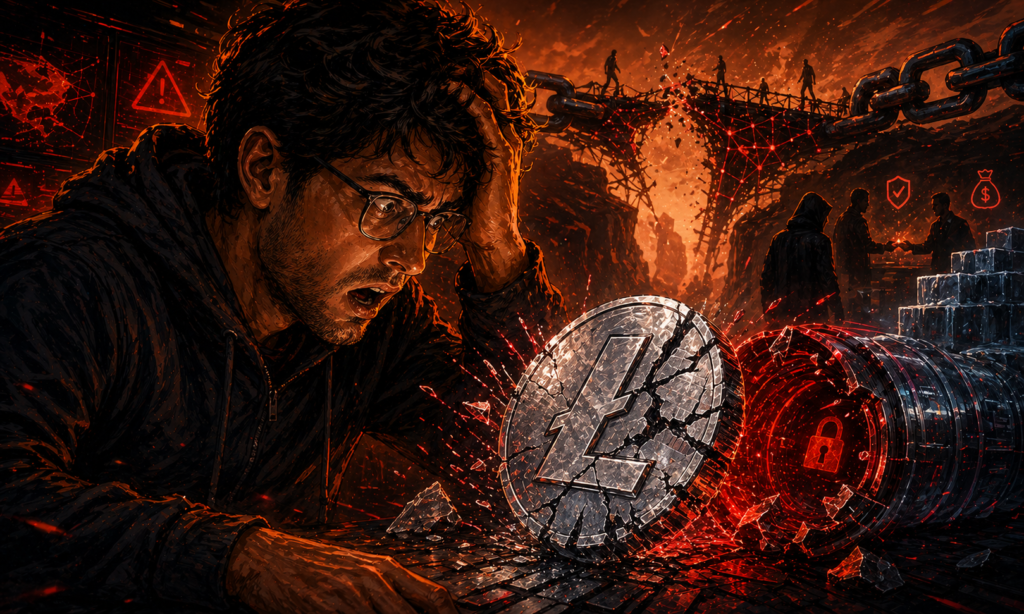 Illustration dramatique d une piece Litecoin fissuree devant un tunnel de reseau casse pour symboliser une faille zero day et une reorganisation de blockchain