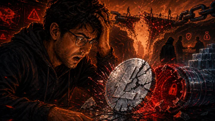 Illustration dramatique d une piece Litecoin fissuree devant un tunnel de reseau casse pour symboliser une faille zero day et une reorganisation de blockchain