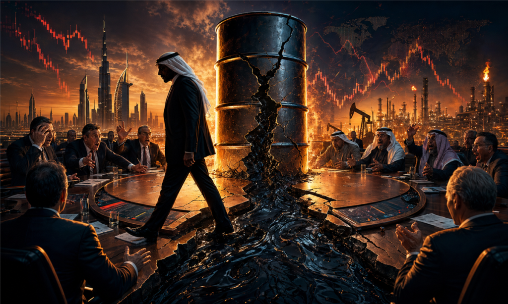 Illustration dramatique d une possible sortie des Emirats arabes unis de l OPEP+ avec un baril fissure et un marche petrolier tendu