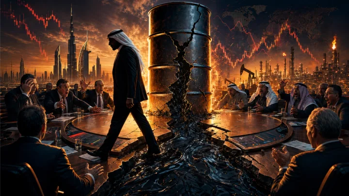 Illustration dramatique d une possible sortie des Emirats arabes unis de l OPEP+ avec un baril fissure et un marche petrolier tendu
