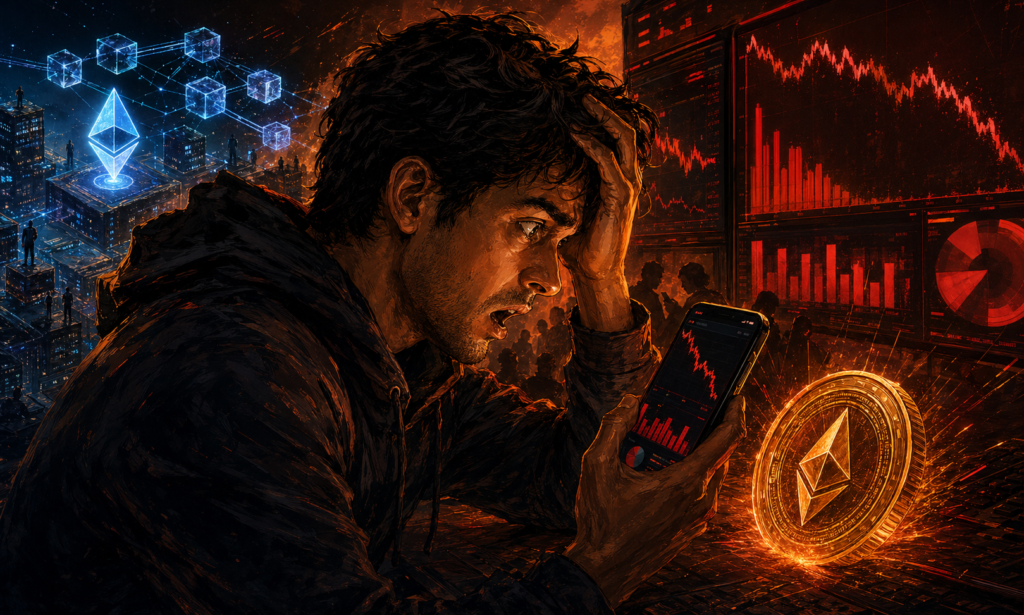 Illustration dramatique d un trader sur application mobile face a la baisse des volumes crypto et a des ecrans de marche rouges