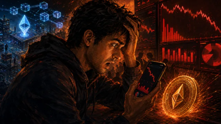 Illustration dramatique d un trader sur application mobile face a la baisse des volumes crypto et a des ecrans de marche rouges