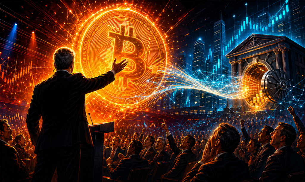 Illustration dramatique de Michael Saylor a Bitcoin 2026 avec un Bitcoin lumineux et des lignes de credit numerique