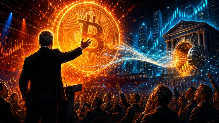Illustration dramatique de Michael Saylor a Bitcoin 2026 avec un Bitcoin lumineux et des lignes de credit numerique