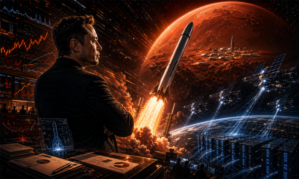 Elon Musk devant une fusée SpaceX et Mars avant une IPO géante