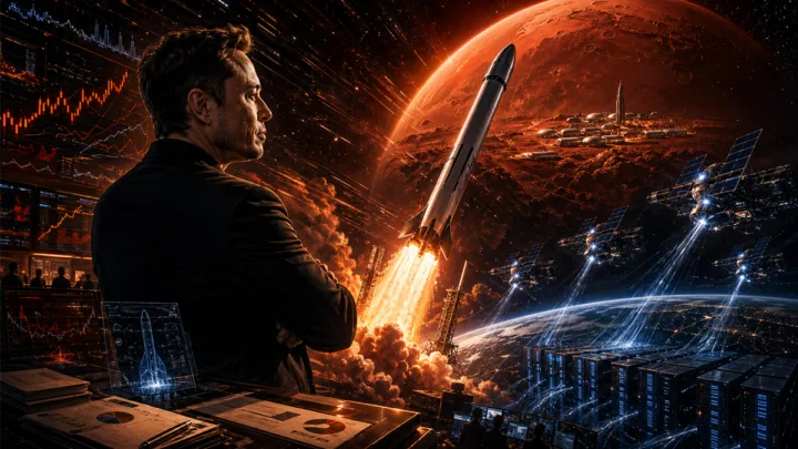 Elon Musk devant une fusée SpaceX et Mars avant une IPO géante