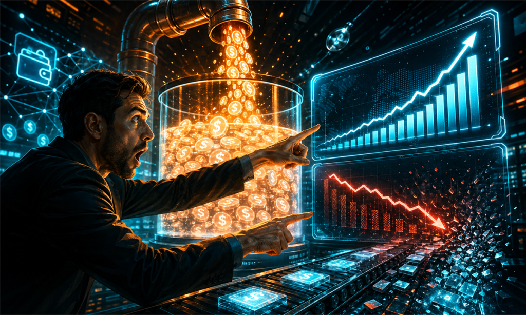 Illustration dramatique de stablecoins avec une offre en hausse et des transferts en baisse dans une salle de controle blockchain