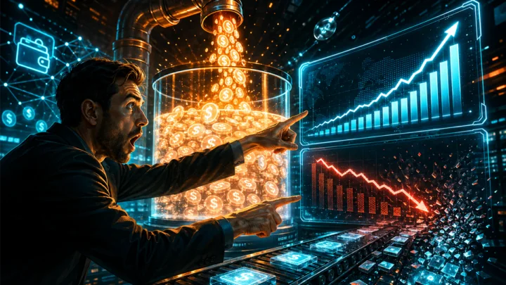 Illustration dramatique de stablecoins avec une offre en hausse et des transferts en baisse dans une salle de controle blockchain