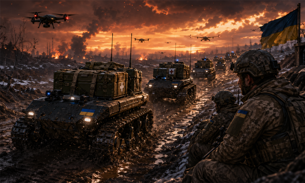 Robots terrestres ukrainiens transportant du matériel sur le front pour protéger les soldats