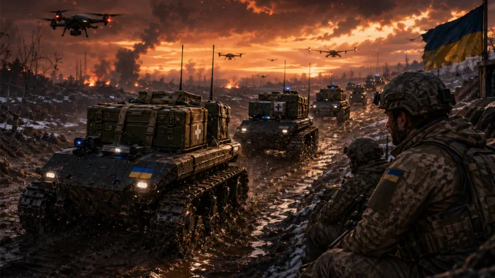Robots terrestres ukrainiens transportant du matériel sur le front pour protéger les soldats