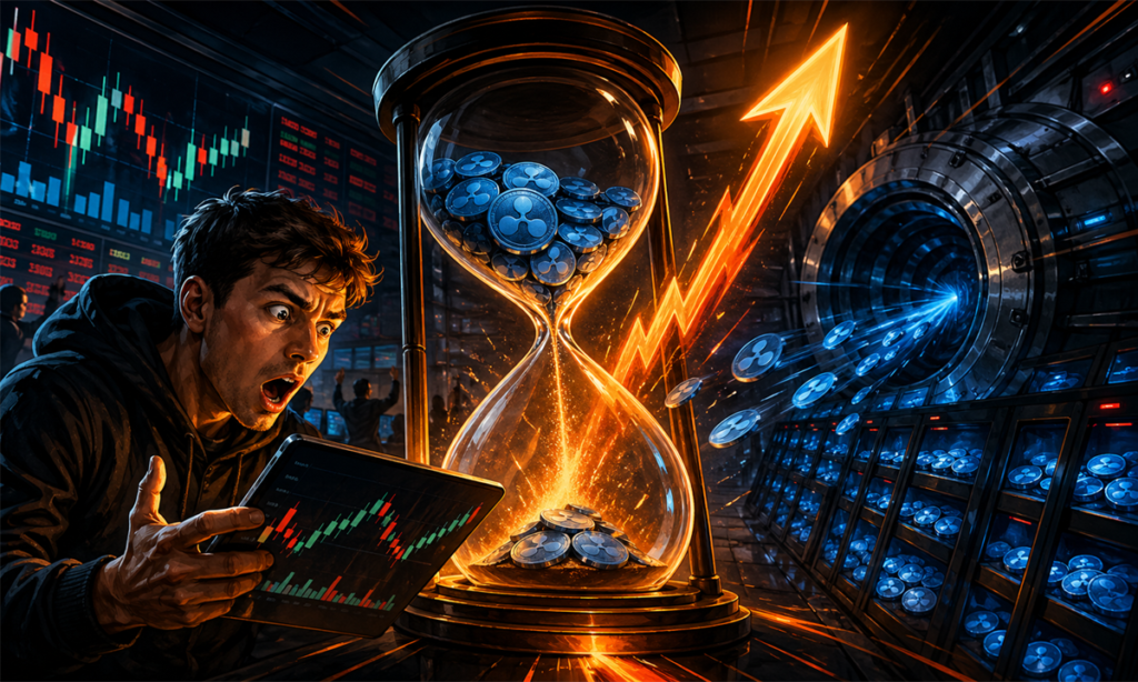 Illustration dramatique du XRP face a un choc d offre sur Binance avec un trader inquiet, un sablier et des jetons quittant un exchange