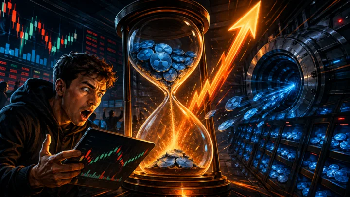 Illustration dramatique du XRP face a un choc d offre sur Binance avec un trader inquiet, un sablier et des jetons quittant un exchange