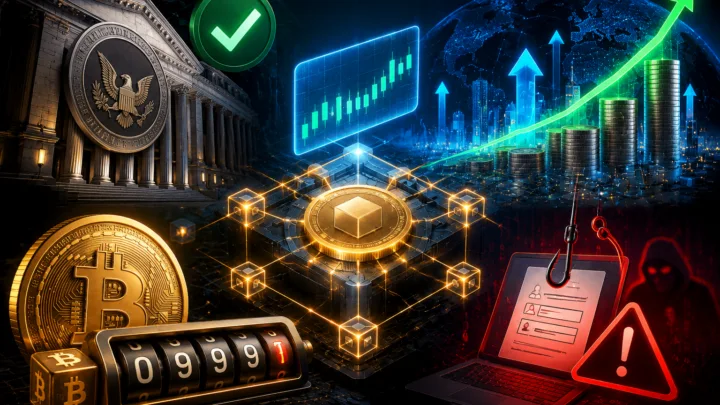 Illustration futuriste d’actifs financiers et d’une blockchain, symbolisant l’essor des actions tokenisées et leur encadrement réglementaire aux États-Unis.