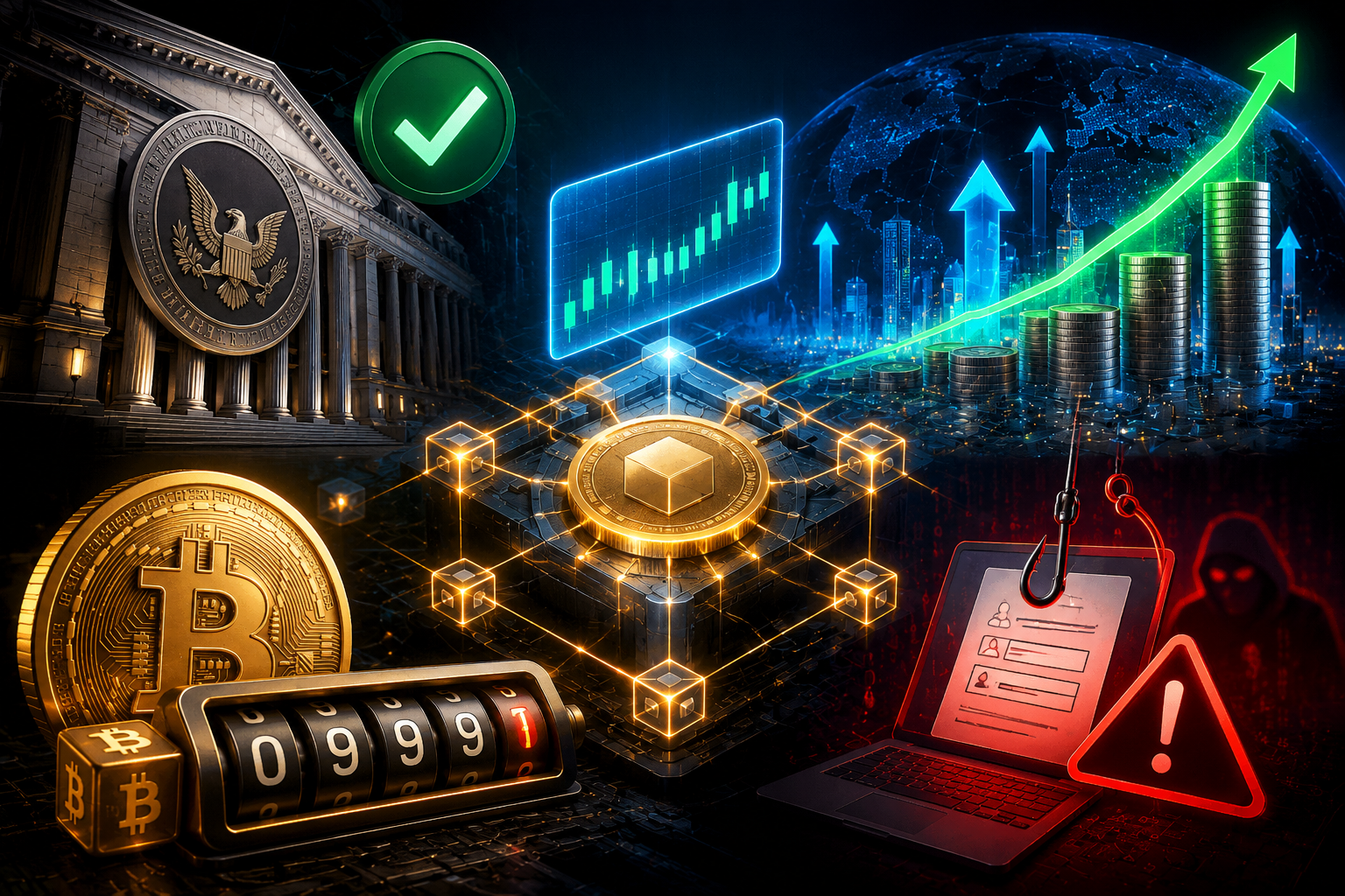 Illustration futuriste d’actifs financiers et d’une blockchain, symbolisant l’essor des actions tokenisées et leur encadrement réglementaire aux États-Unis.
