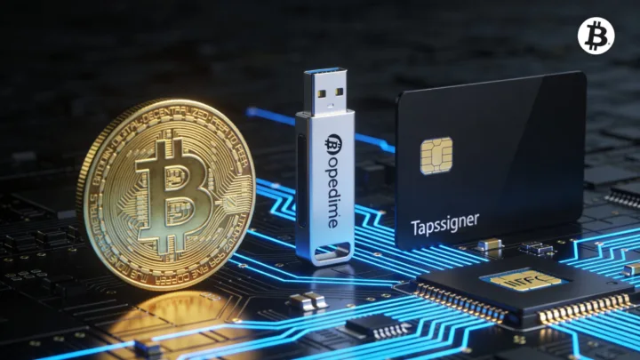 Pièce Casascius, clé Opendime et carte Tapsigner disposées au-dessus d’une puce NFC utilisée dans les portefeuilles matériels Bitcoin