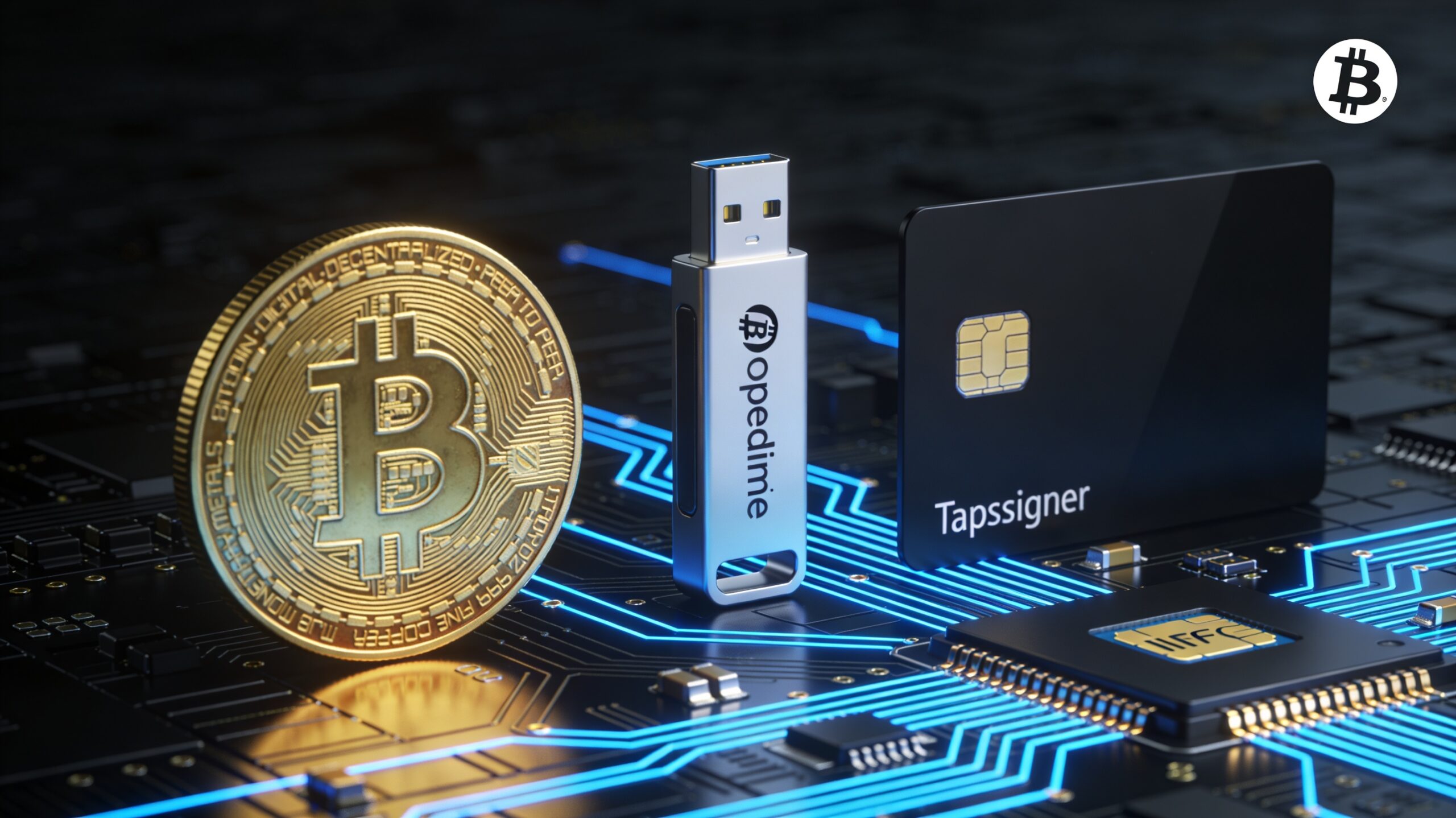 Pièce Casascius, clé Opendime et carte Tapsigner disposées au-dessus d’une puce NFC utilisée dans les portefeuilles matériels Bitcoin