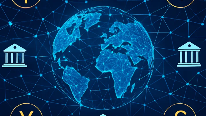 Carte mondiale numérique montrant des banques centrales connectées par un réseau blockchain avec des symboles monétaires et des flux de paiement en temps réel.