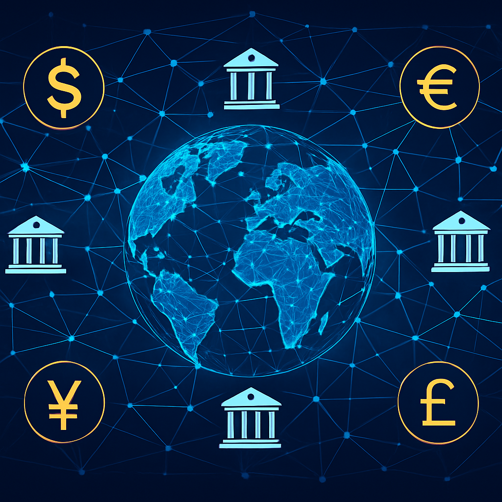 Blockchain bancaire : sept banques centrales testent avec succès un système de paiement transfrontalier instantané Carte mondiale numérique montrant des banques centrales connectées par un réseau blockchain avec des symboles monétaires et des flux de paiement en temps réel.