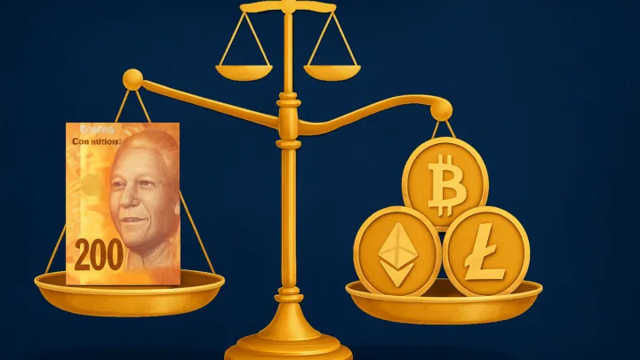 Balance symbolique opposant le rand sud-africain à plusieurs cryptomonnaies, avec des citoyens observant la scène sur fond de paysage urbain.