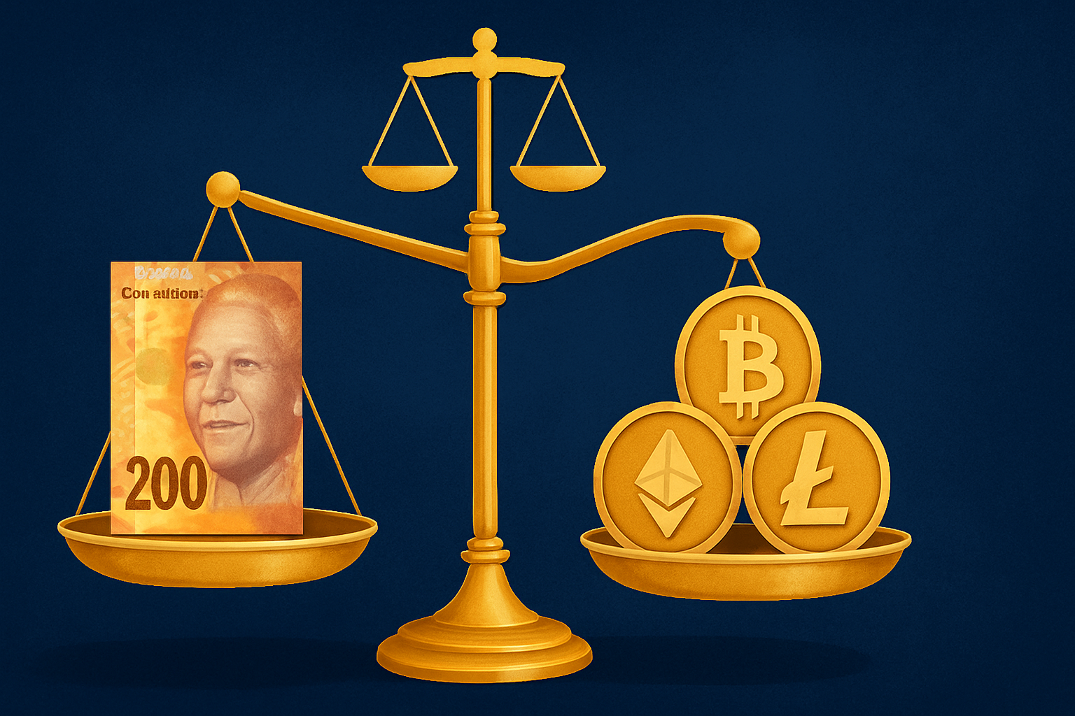 Balance symbolique opposant le rand sud-africain à plusieurs cryptomonnaies, avec des citoyens observant la scène sur fond de paysage urbain.