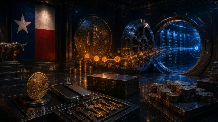 Illustration représentant le Texas, le Bitcoin et la garde directe de BTC, opposés aux ETF, dans le cadre d'une réserve stratégique d'État