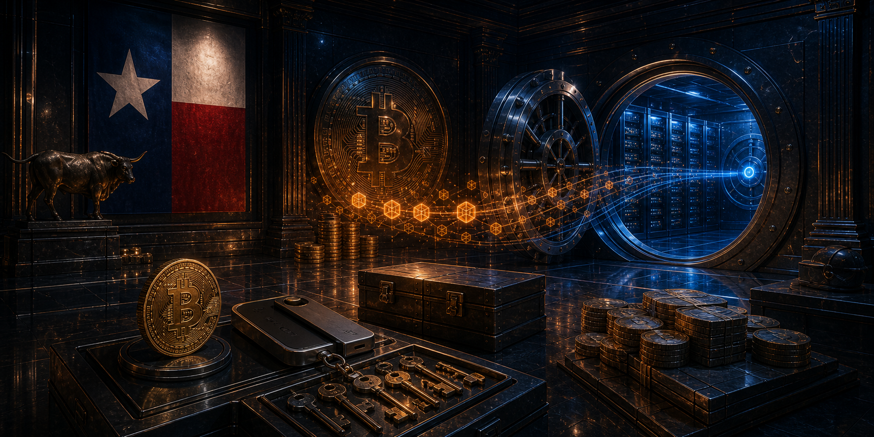 Illustration représentant le Texas, le Bitcoin et la garde directe de BTC, opposés aux ETF, dans le cadre d'une réserve stratégique d'État
