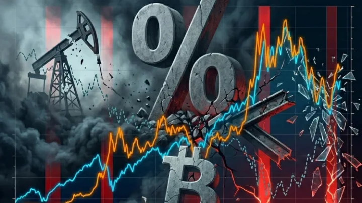 Graphique financier montrant la chute du Bitcoin sous la pression des taux américains et de la hausse du pétrole.