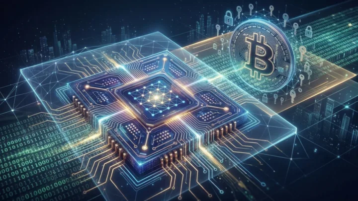 Illustration conceptuelle futuriste montrant un processeur d'ordinateur quantique stylisé et lumineux au premier plan, relié par des circuits électroniques à un logo Bitcoin brillant entouré de flux de données binaires et de cadenas numériques en arrière-plan.