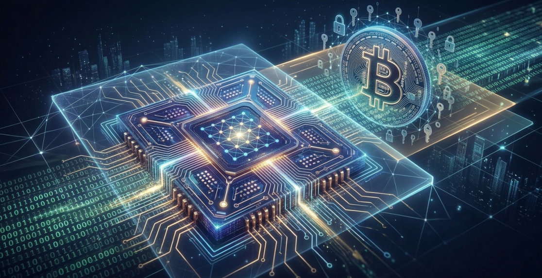 Illustration conceptuelle futuriste montrant un processeur d'ordinateur quantique stylisé et lumineux au premier plan, relié par des circuits électroniques à un logo Bitcoin brillant entouré de flux de données binaires et de cadenas numériques en arrière-plan.