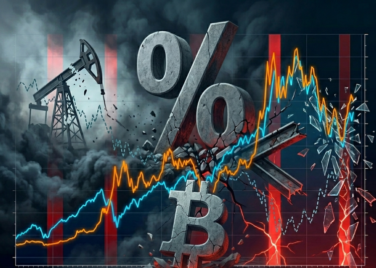 Graphique financier montrant la chute du Bitcoin sous la pression des taux américains et de la hausse du pétrole.