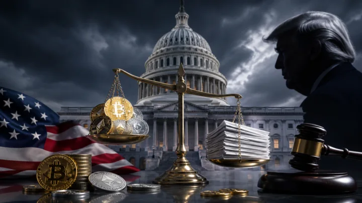 Illustration d’un contexte politique et financier autour de la régulation des cryptomonnaies aux États-Unis, montrant un projet de loi en discussion au Congrès, avec des tensions liées aux stablecoins, à la finance décentralisée et à des enjeux éthiques et politiques impliquant l’industrie crypto.