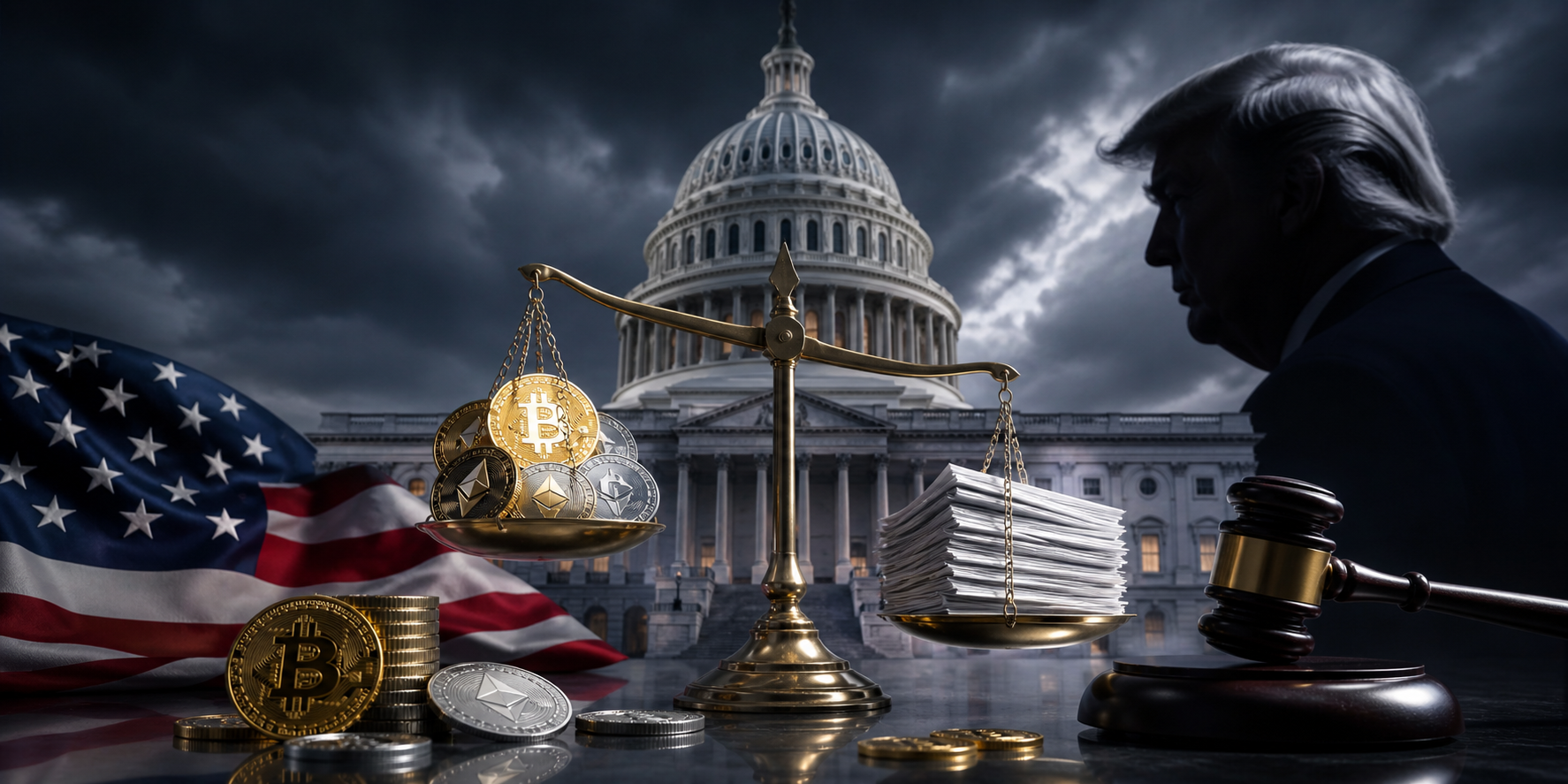 Illustration d’un contexte politique et financier autour de la régulation des cryptomonnaies aux États-Unis, montrant un projet de loi en discussion au Congrès, avec des tensions liées aux stablecoins, à la finance décentralisée et à des enjeux éthiques et politiques impliquant l’industrie crypto.