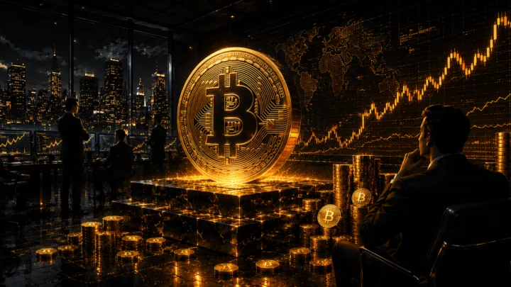 Illustration d’une salle de trading futuriste et sombre avec des professionnels en costume, des pièces Bitcoin lumineuses et des graphiques financiers en arrière-plan.