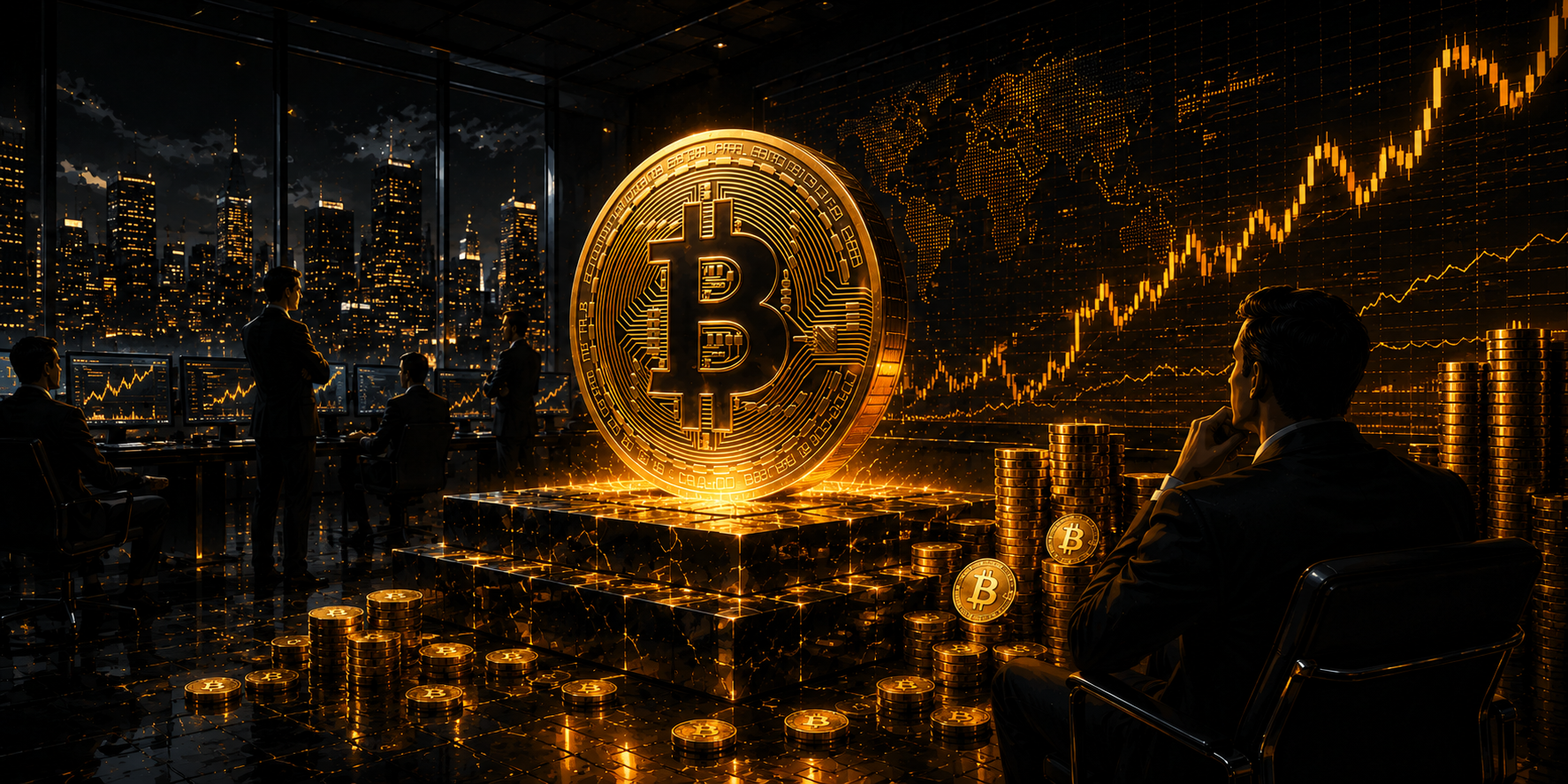 Illustration d’une salle de trading futuriste et sombre avec des professionnels en costume, des pièces Bitcoin lumineuses et des graphiques financiers en arrière-plan.