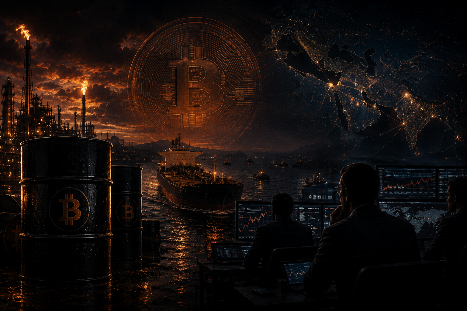 Illustration mêlant bitcoin, marchés financiers et flux énergétiques mondiaux dans un contexte de stratégie souveraine du Bhoutan