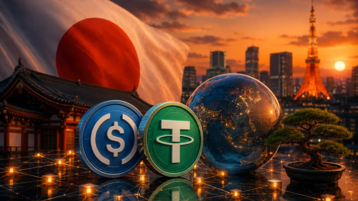 Pièces de stablecoins devant un paysage urbain de Tokyo au coucher du soleil avec une atmosphère fintech futuriste.