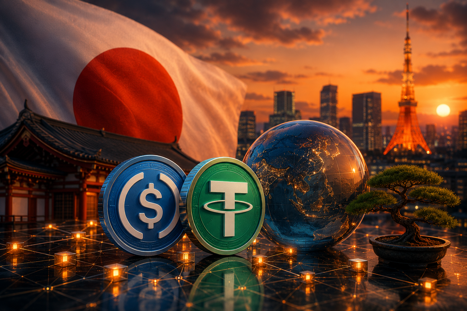 Pièces de stablecoins devant un paysage urbain de Tokyo au coucher du soleil avec une atmosphère fintech futuriste.
