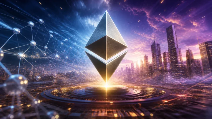 Illustration futuriste du réseau Ethereum symbolisant la scalabilité, les frais et l’évolution technologique