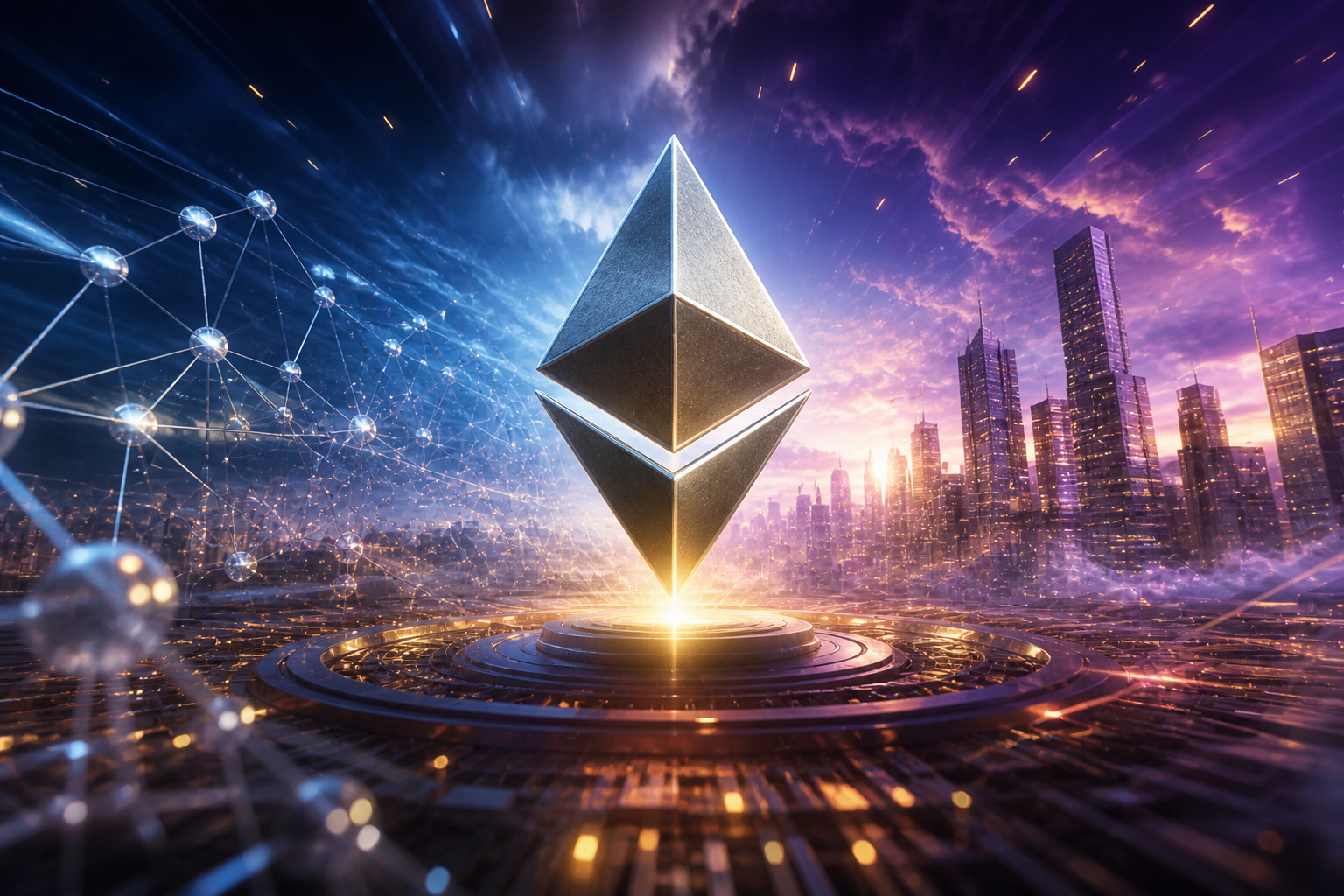 Illustration futuriste du réseau Ethereum symbolisant la scalabilité, les frais et l’évolution technologique