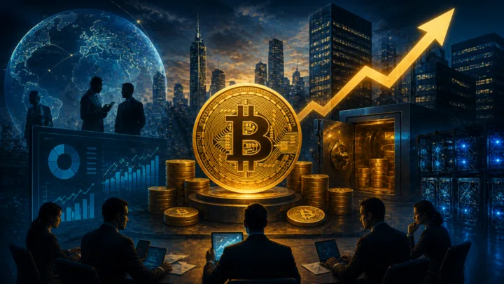 Illustration de dirigeants d’entreprise analysant le Bitcoin avec graphiques haussiers, symbolisant l’adoption institutionnelle et l’intégration du BTC dans la finance mondiale.