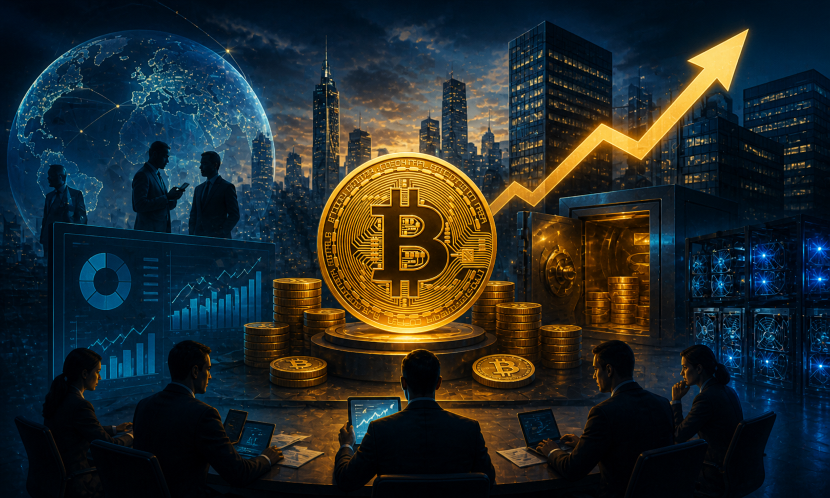 Illustration de dirigeants d’entreprise analysant le Bitcoin avec graphiques haussiers, symbolisant l’adoption institutionnelle et l’intégration du BTC dans la finance mondiale.